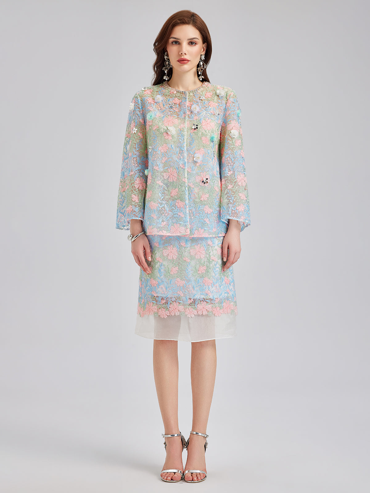 Lace Floral Embroidery Beaded Rhinestones Jacket-VibeCloset