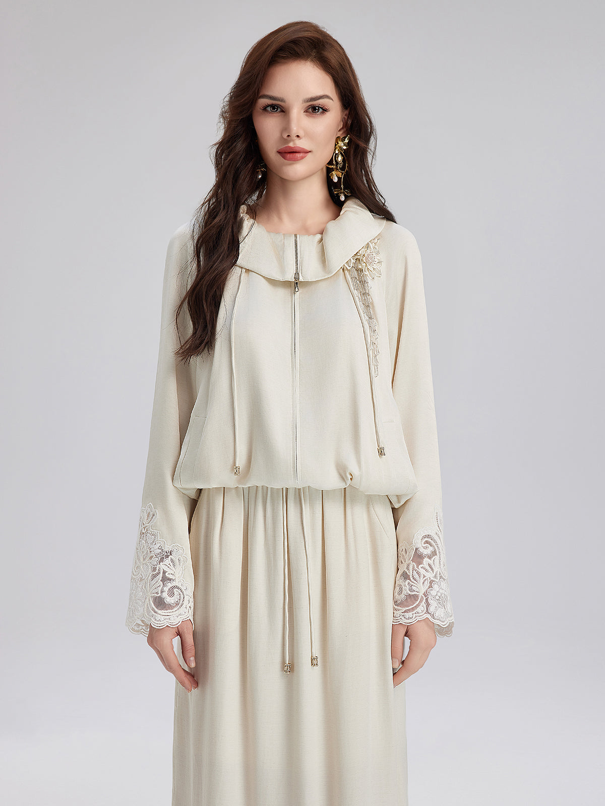 Lace Drawstring Cocoon-Shaped Jacket-VibeCloset