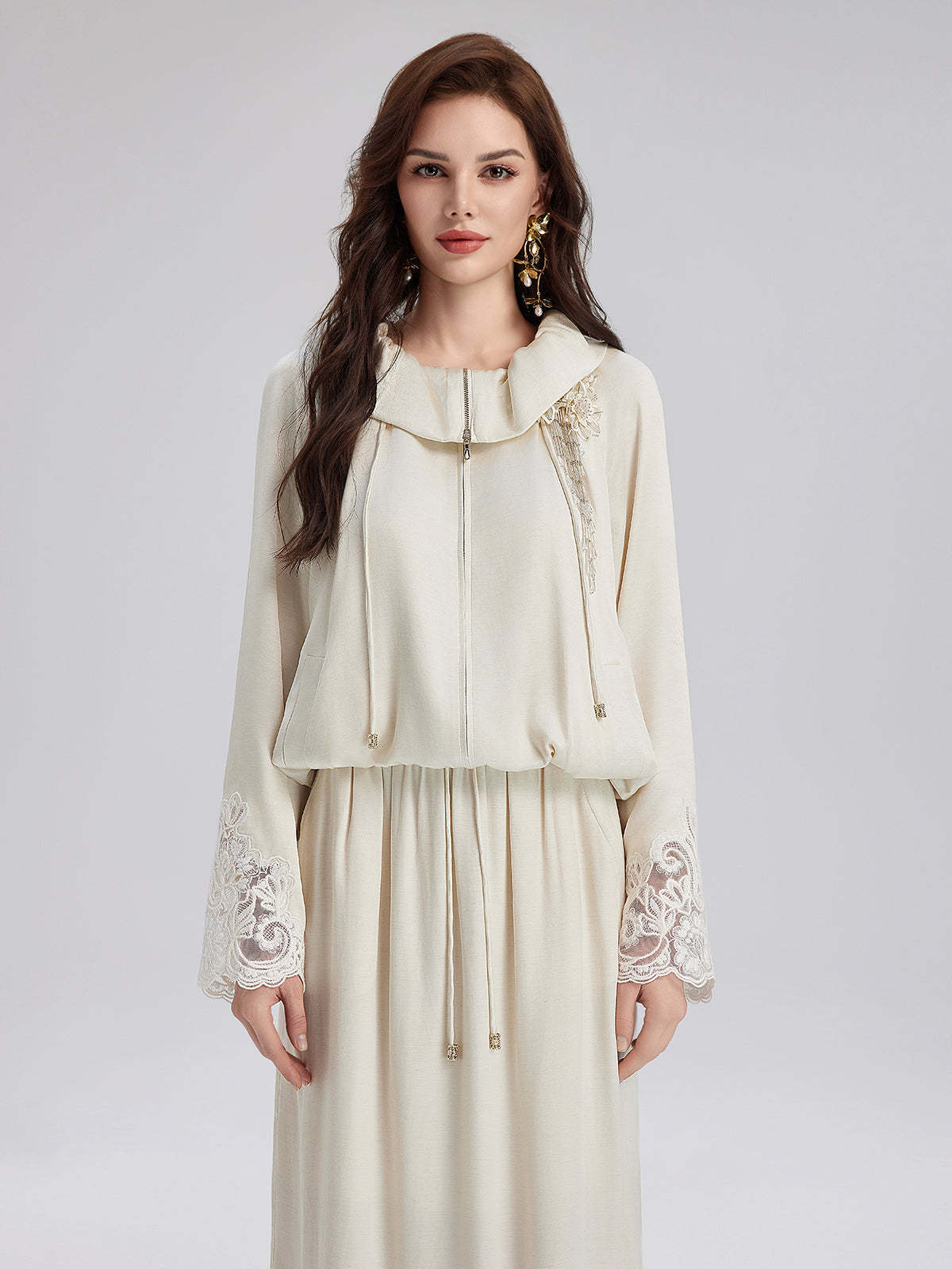 Lace Drawstring Cocoon-Shaped Jacket-VibeCloset