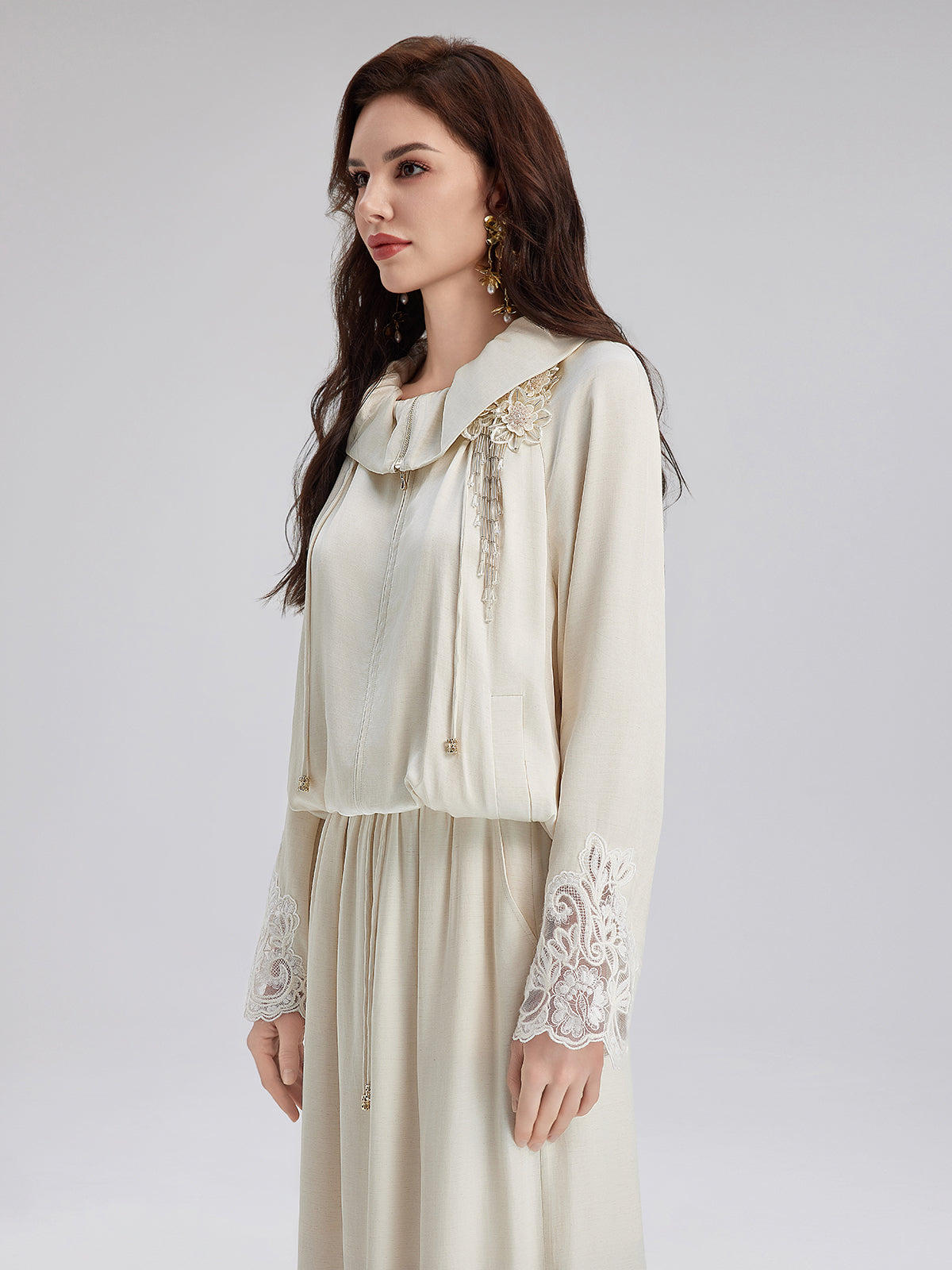 Lace Drawstring Cocoon-Shaped Jacket-VibeCloset