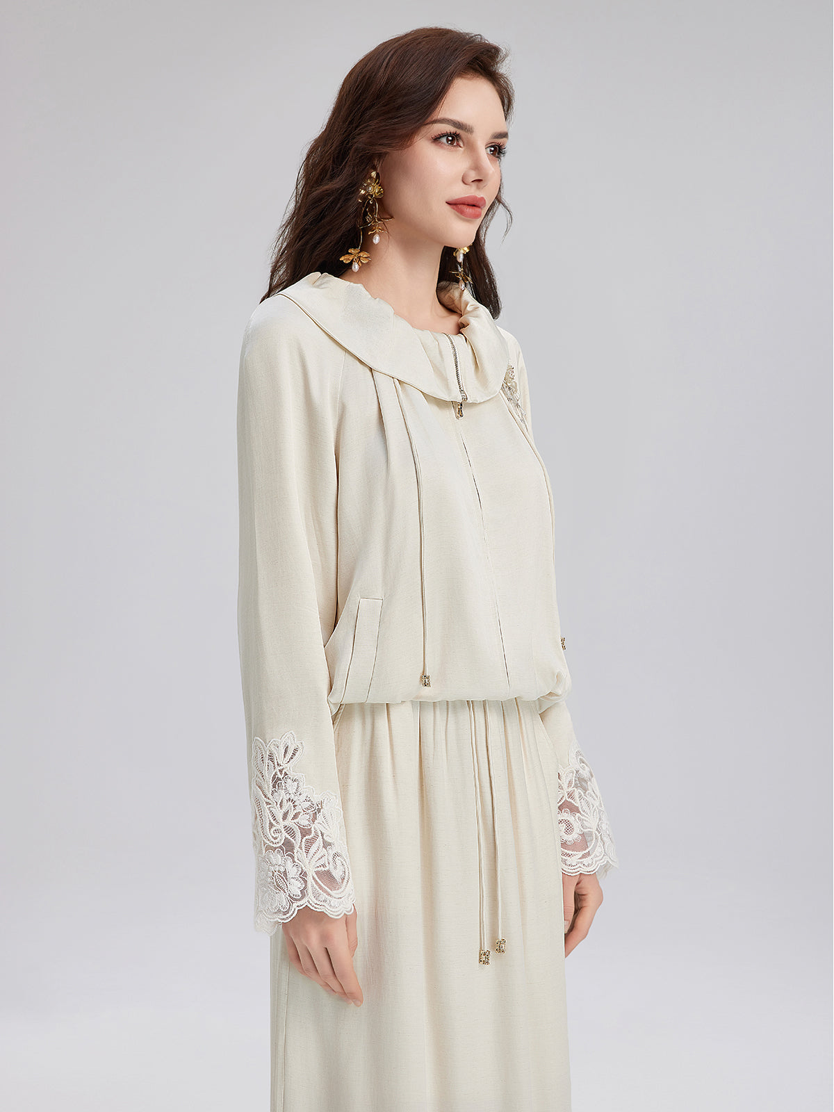 Lace Drawstring Cocoon-Shaped Jacket-VibeCloset