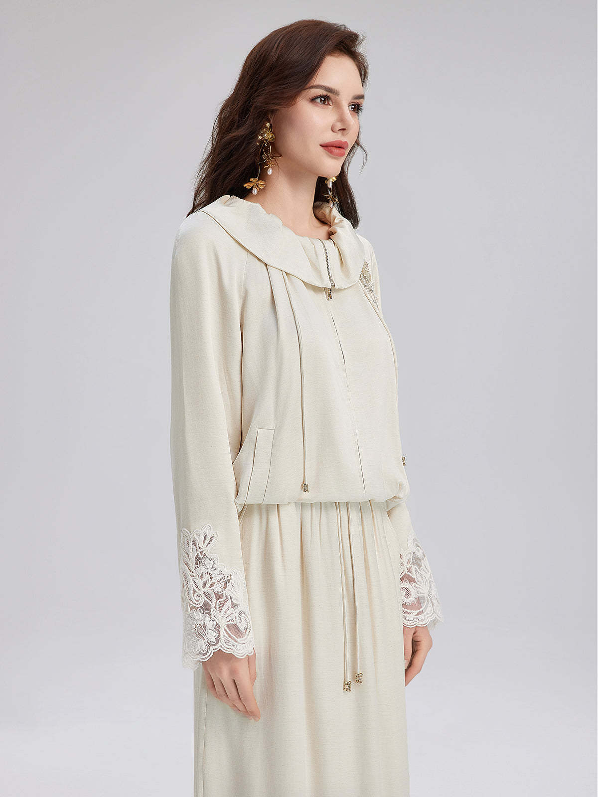 Lace Drawstring Cocoon-Shaped Jacket-VibeCloset