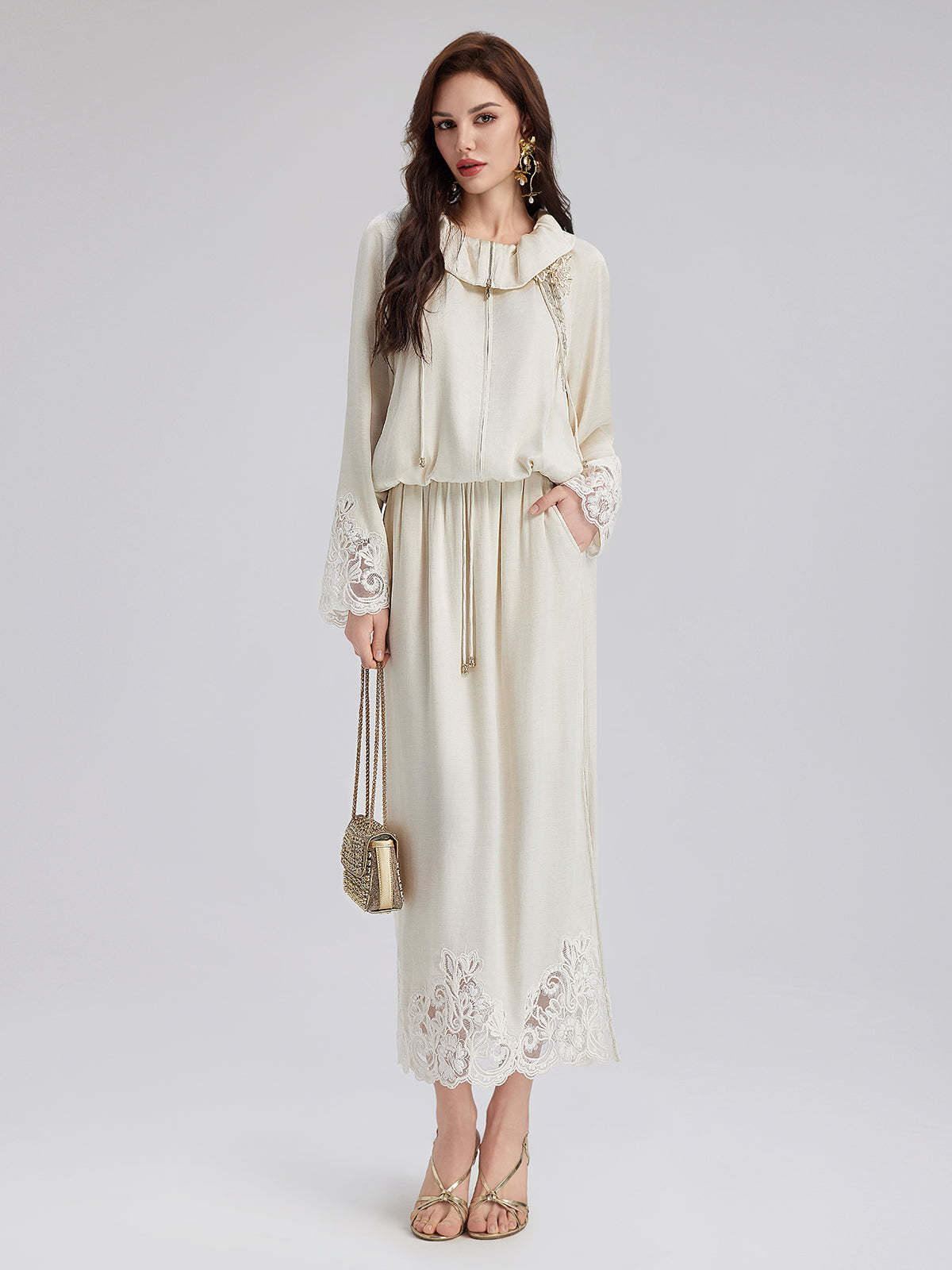 Lace Drawstring Cocoon-Shaped Jacket-VibeCloset