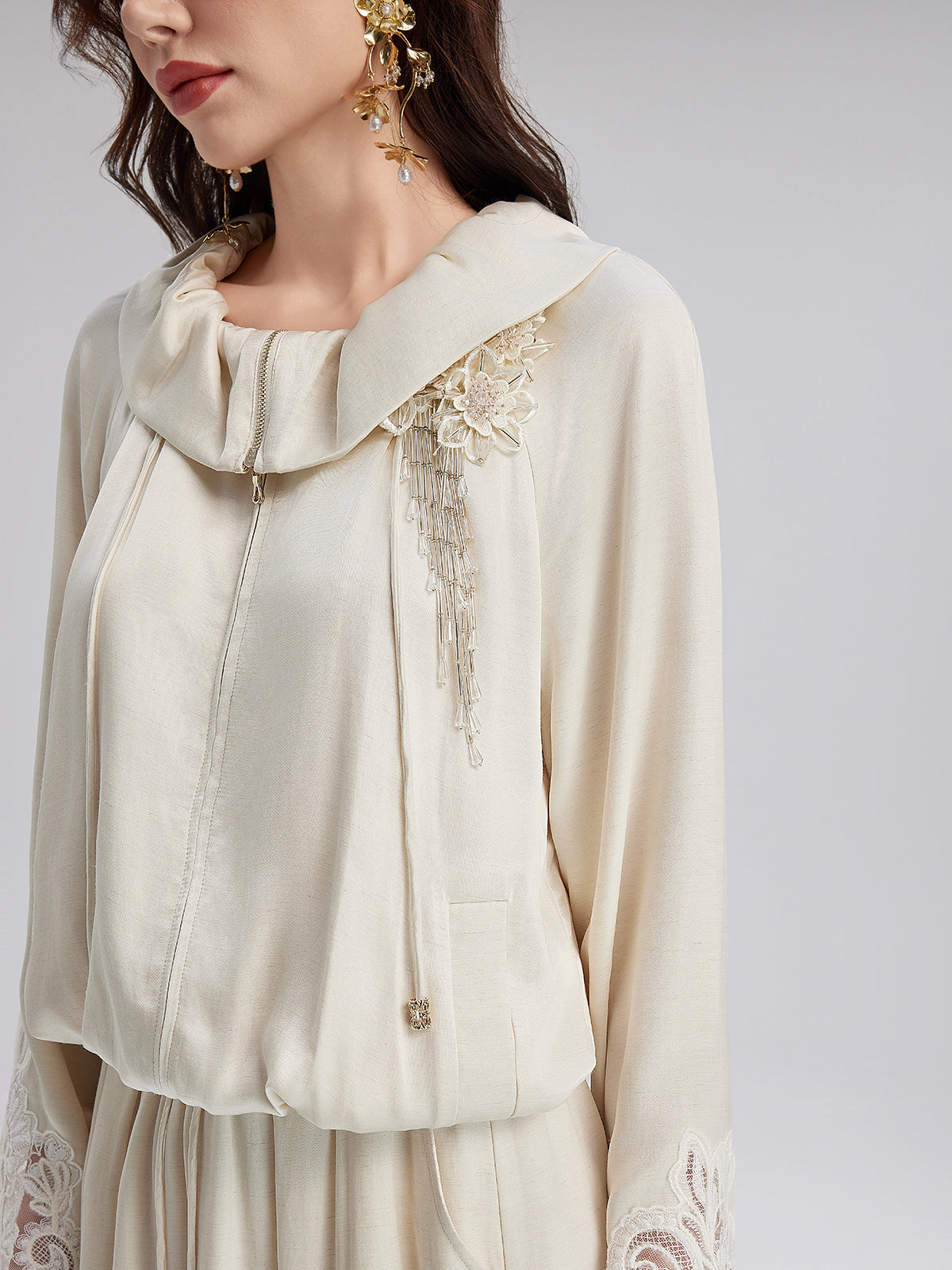 Lace Drawstring Cocoon-Shaped Jacket-VibeCloset