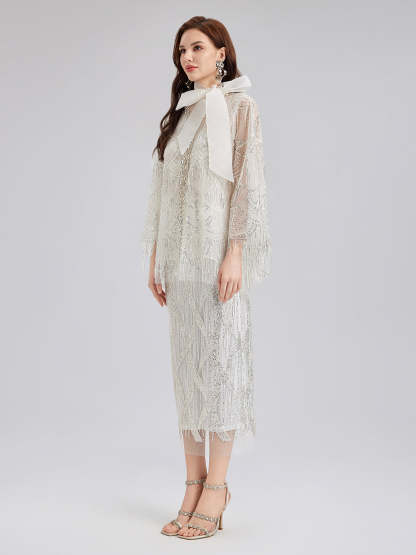 French Beaded Fringe Cape Jacket-VibeCloset