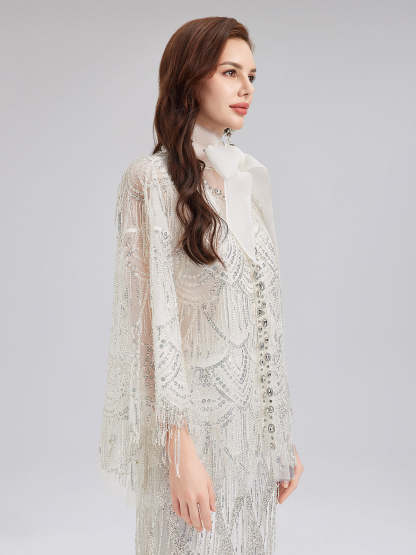 French Beaded Fringe Cape Jacket-VibeCloset