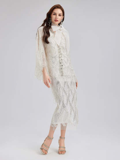 French Beaded Fringe Cape Jacket-VibeCloset
