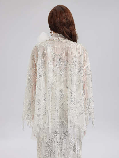 French Beaded Fringe Cape Jacket-VibeCloset