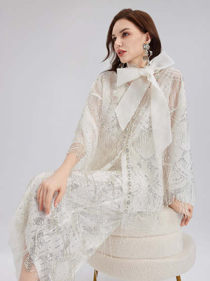 French Beaded Fringe Cape Jacket-VibeCloset
