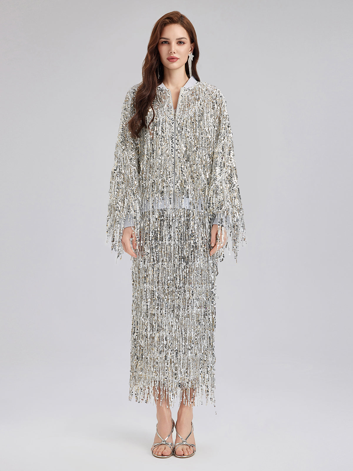 Tassel Sequin Embroidered Bomber Jacket-VibeCloset