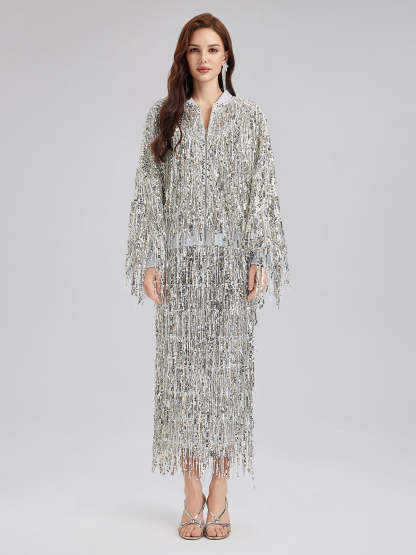 Tassel Sequin Embroidered Bomber Jacket-VibeCloset