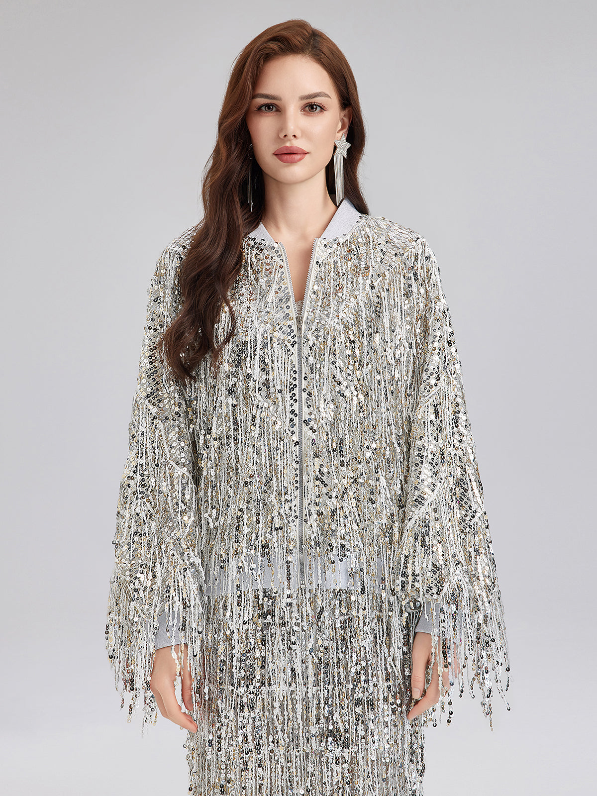 Tassel Sequin Embroidered Bomber Jacket-VibeCloset