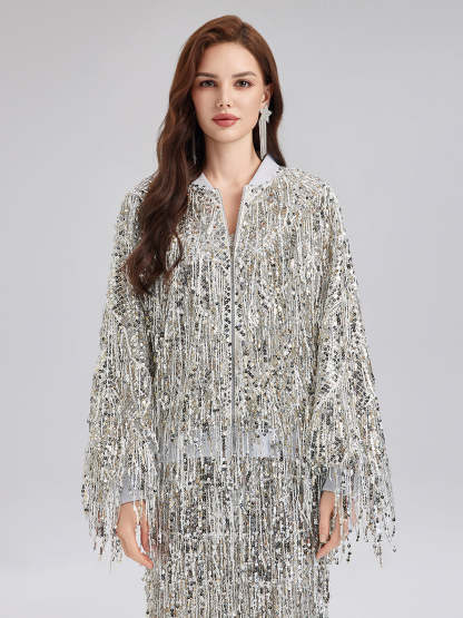 Tassel Sequin Embroidered Bomber Jacket-VibeCloset