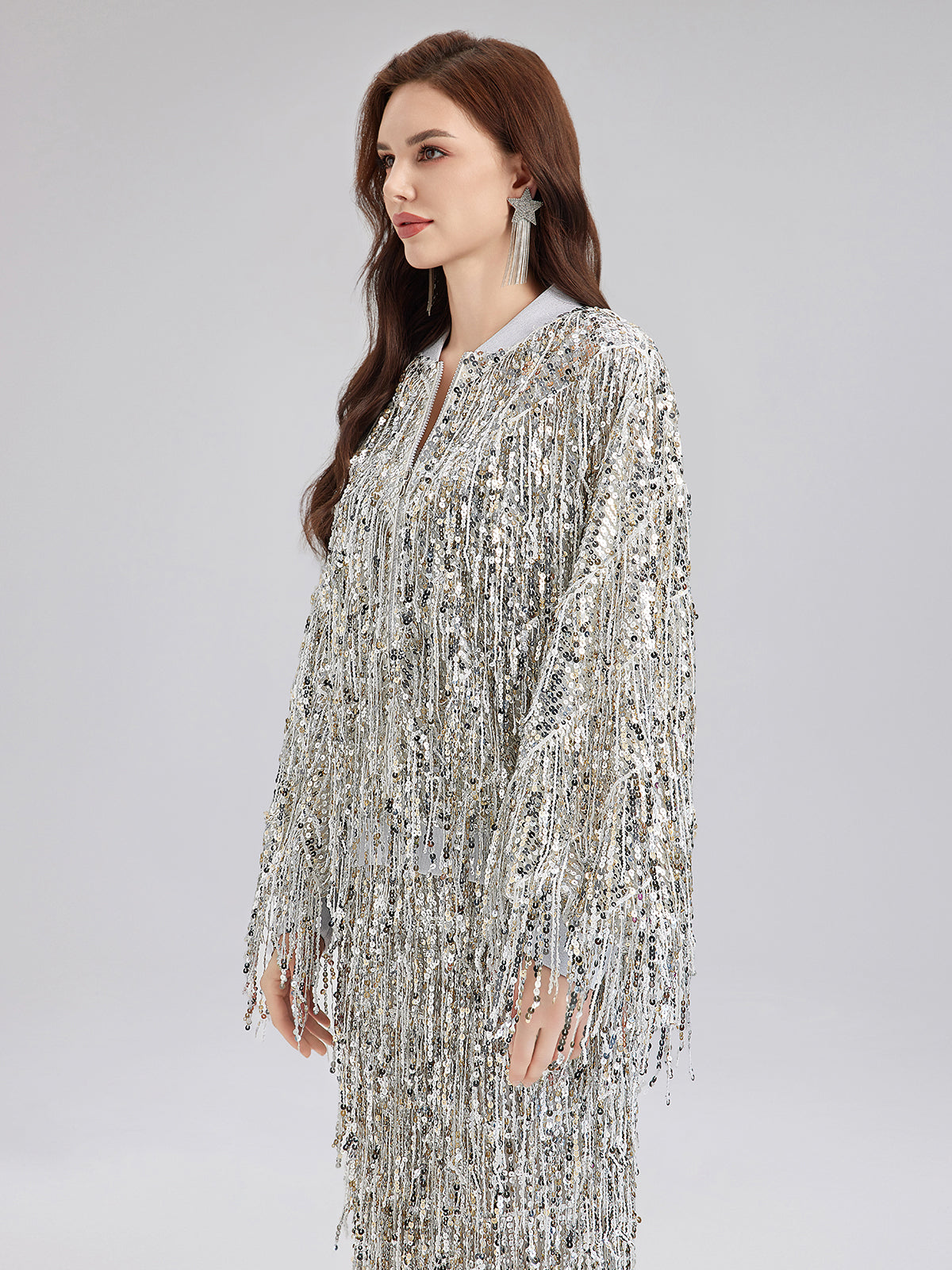 Tassel Sequin Embroidered Bomber Jacket-VibeCloset