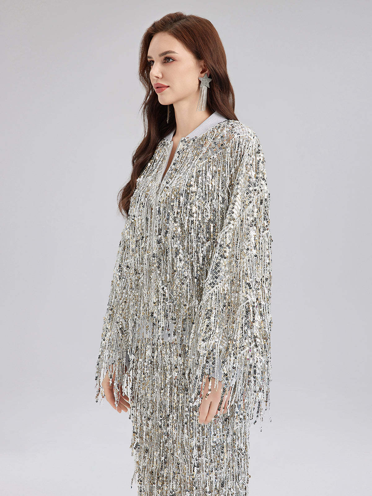 Tassel Sequin Embroidered Bomber Jacket-VibeCloset