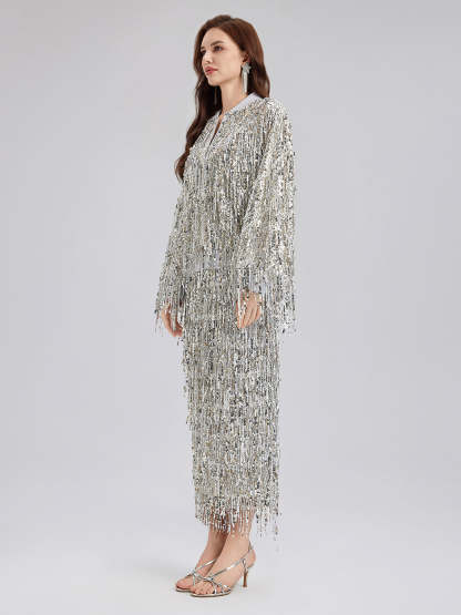 Tassel Sequin Embroidered Bomber Jacket-VibeCloset