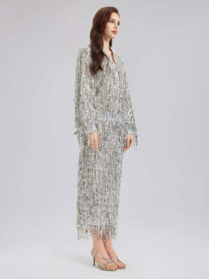 Tassel Sequin Embroidered Bomber Jacket-VibeCloset