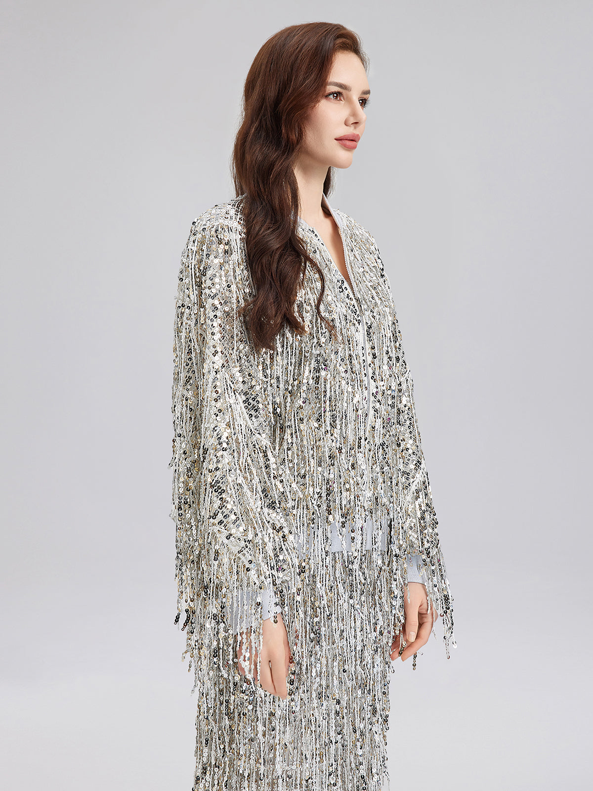 Tassel Sequin Embroidered Bomber Jacket-VibeCloset