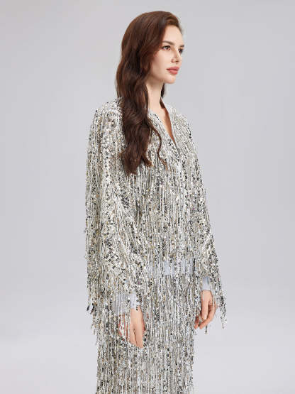 Tassel Sequin Embroidered Bomber Jacket-VibeCloset