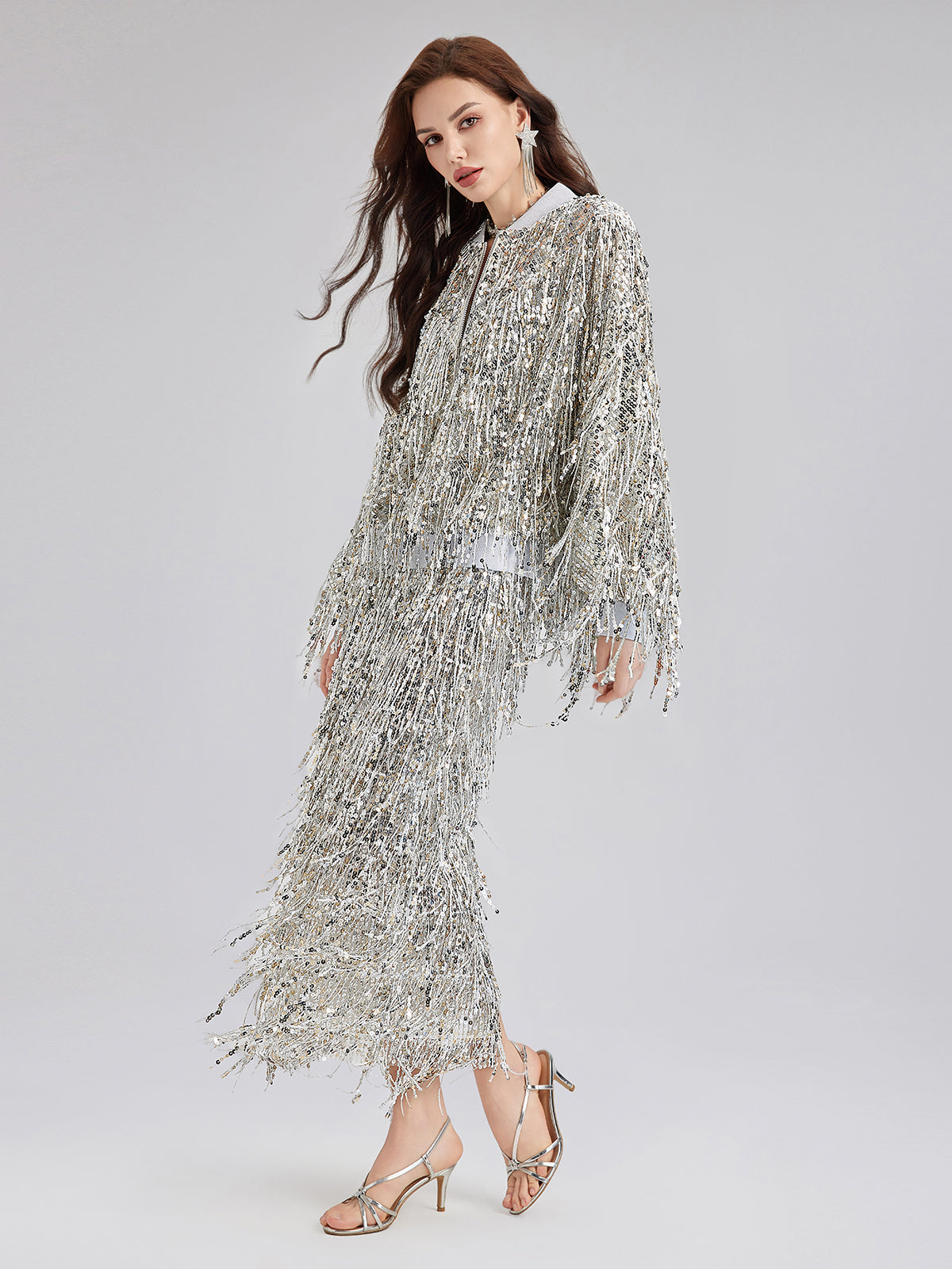 Tassel Sequin Embroidered Bomber Jacket-VibeCloset