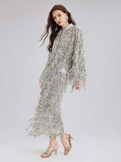 Tassel Sequin Embroidered Bomber Jacket-VibeCloset
