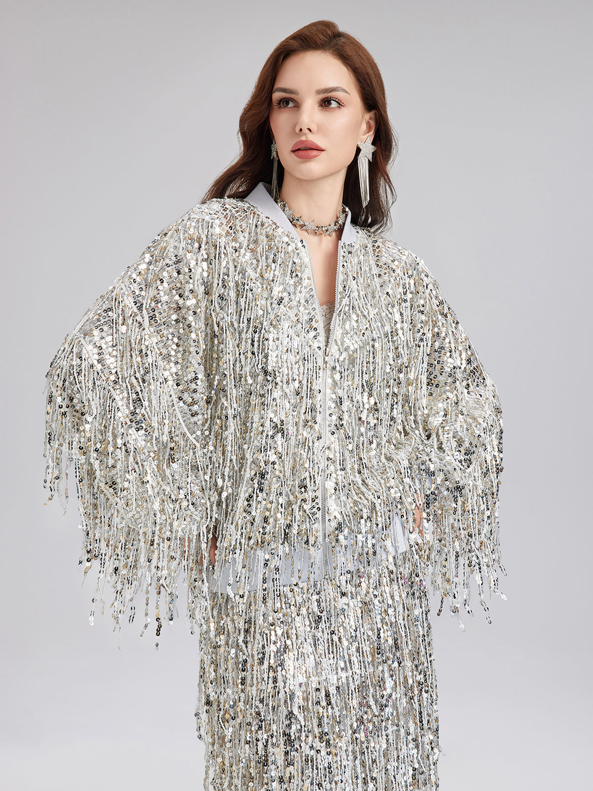 Tassel Sequin Embroidered Bomber Jacket-VibeCloset