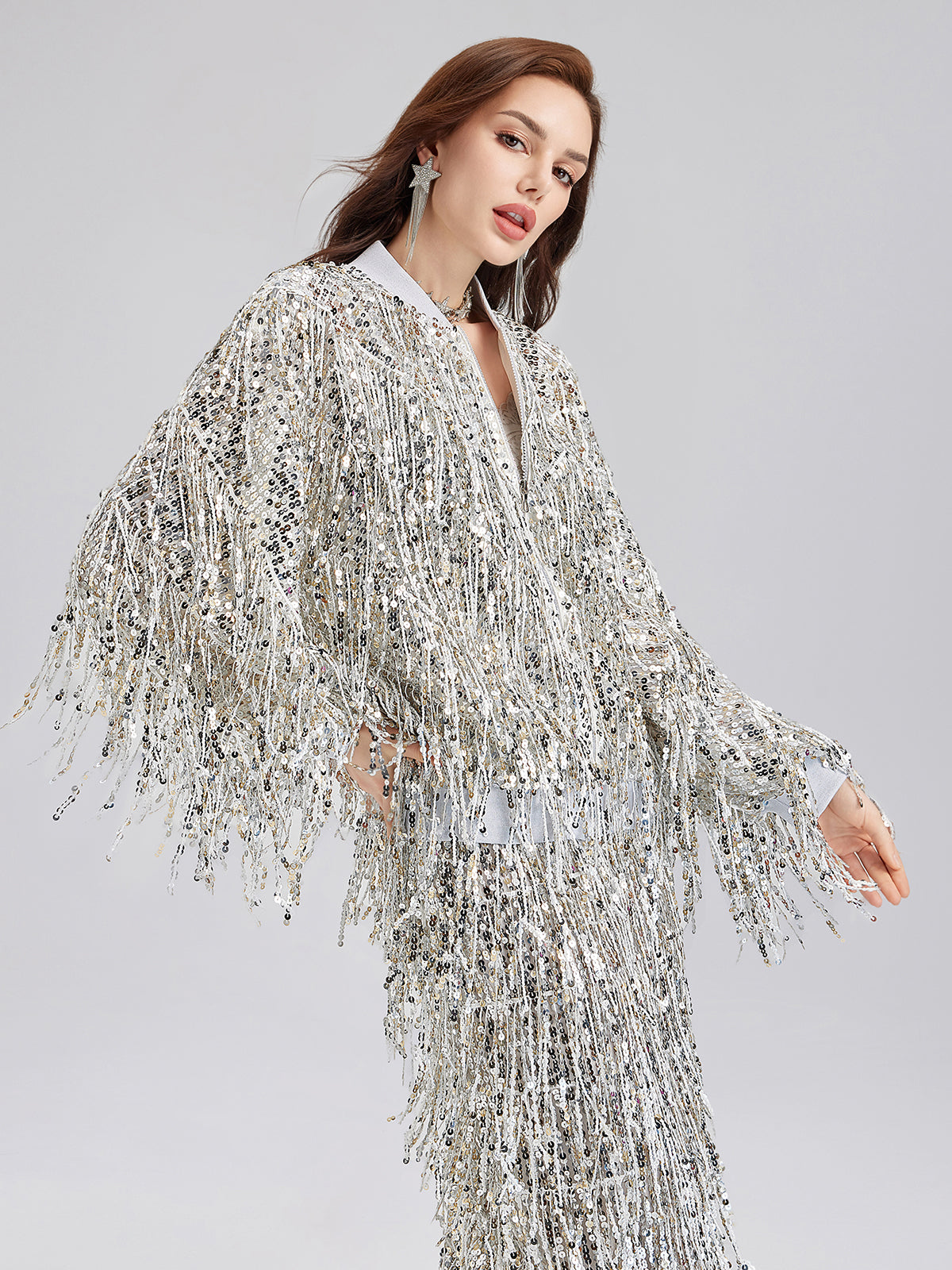 Tassel Sequin Embroidered Bomber Jacket-VibeCloset