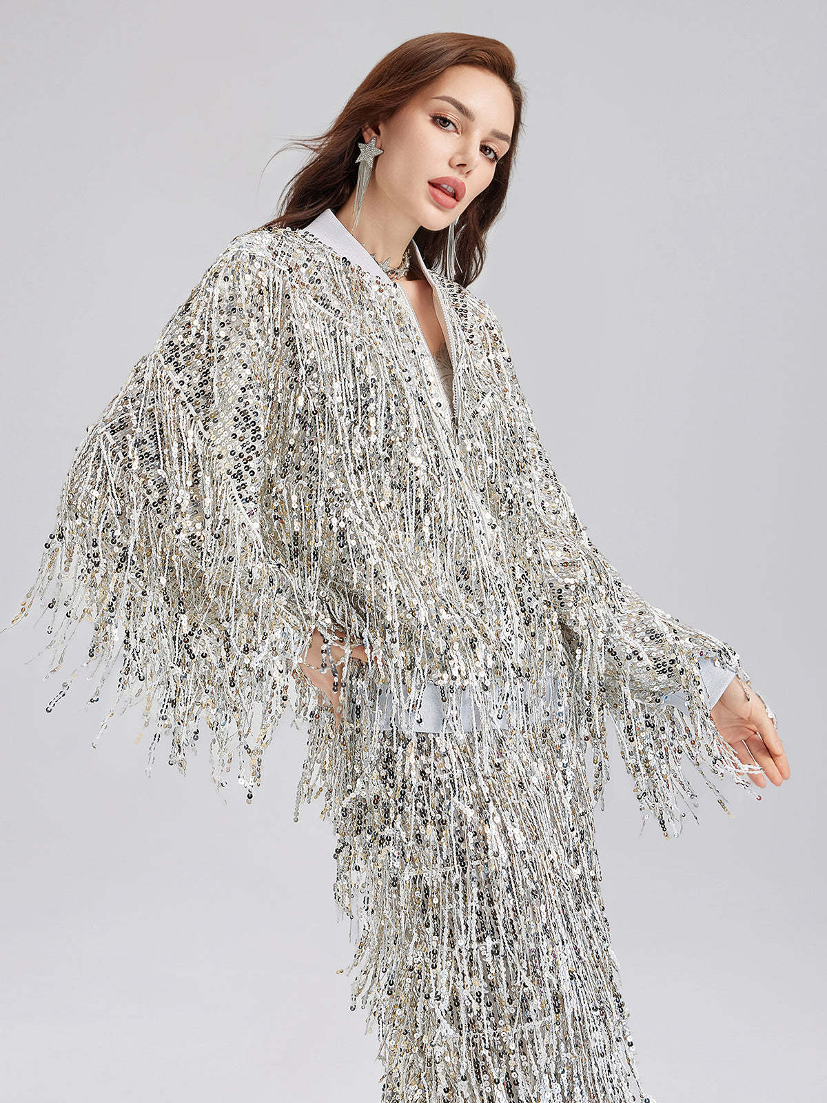 Tassel Sequin Embroidered Bomber Jacket-VibeCloset