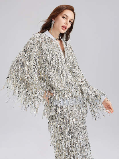 Tassel Sequin Embroidered Bomber Jacket-VibeCloset