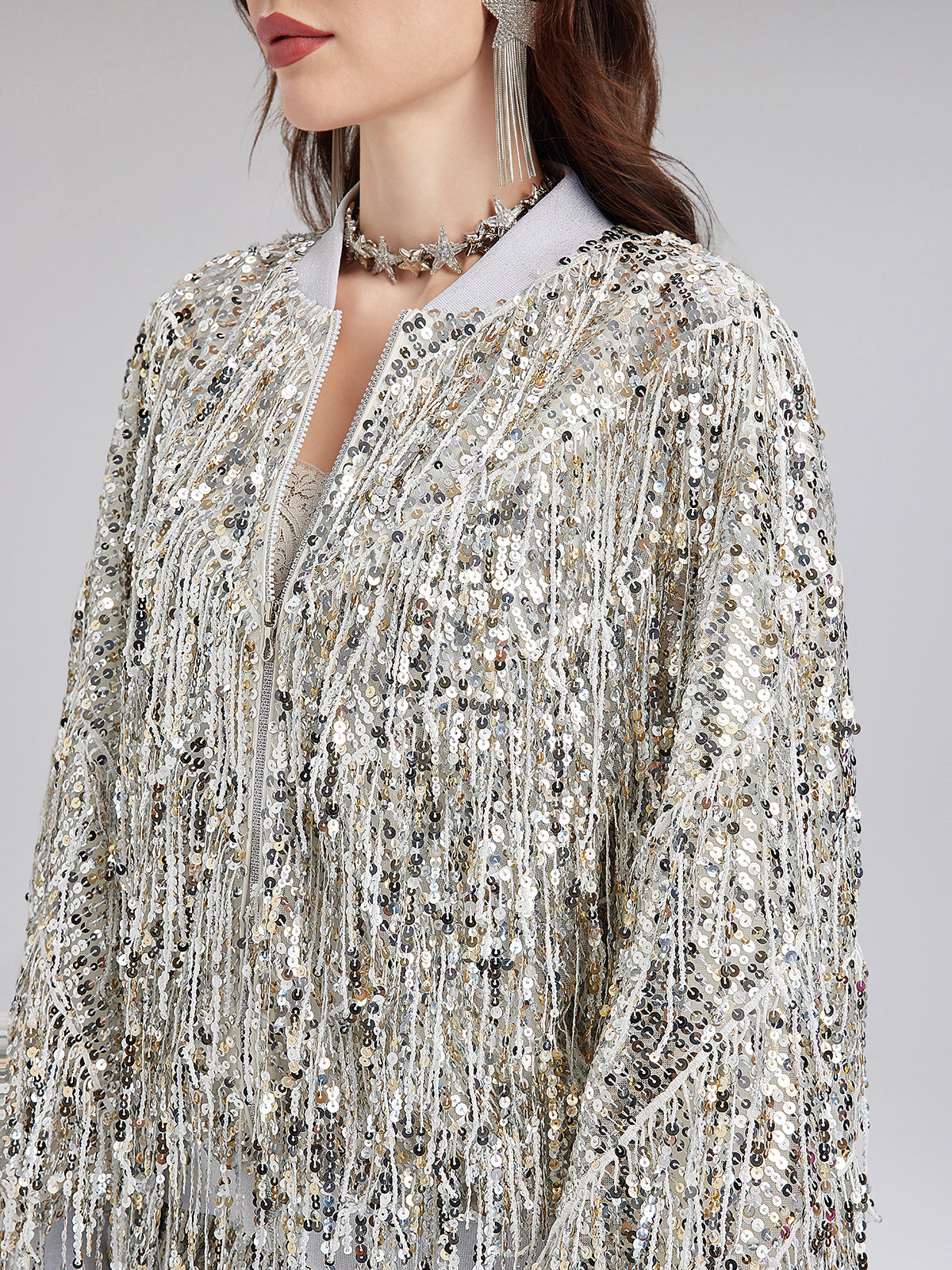 Tassel Sequin Embroidered Bomber Jacket-VibeCloset