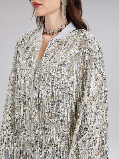 Tassel Sequin Embroidered Bomber Jacket-VibeCloset