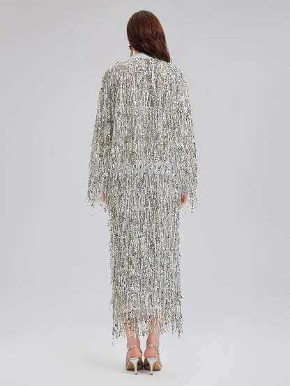 Tassel Sequin Embroidered Bomber Jacket-VibeCloset