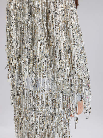 Tassel Sequin Embroidered Bomber Jacket-VibeCloset