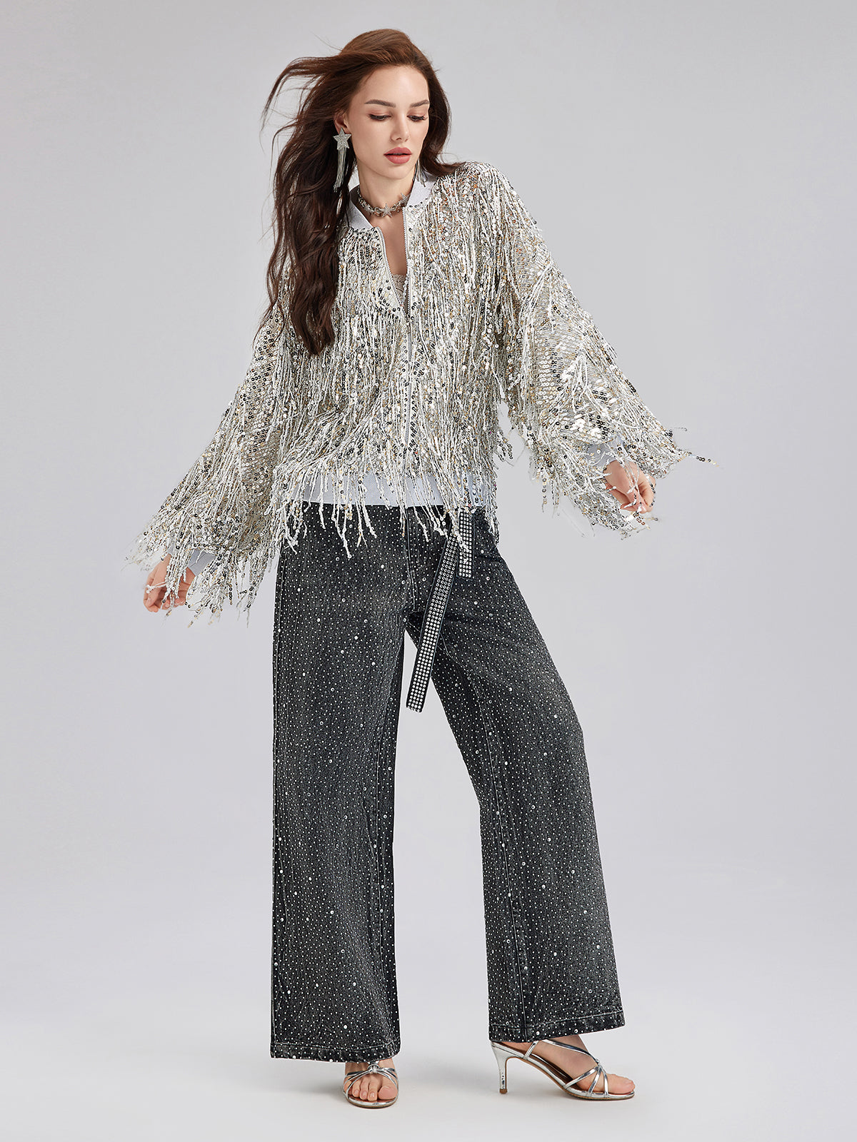 Tassel Sequin Embroidered Bomber Jacket-VibeCloset
