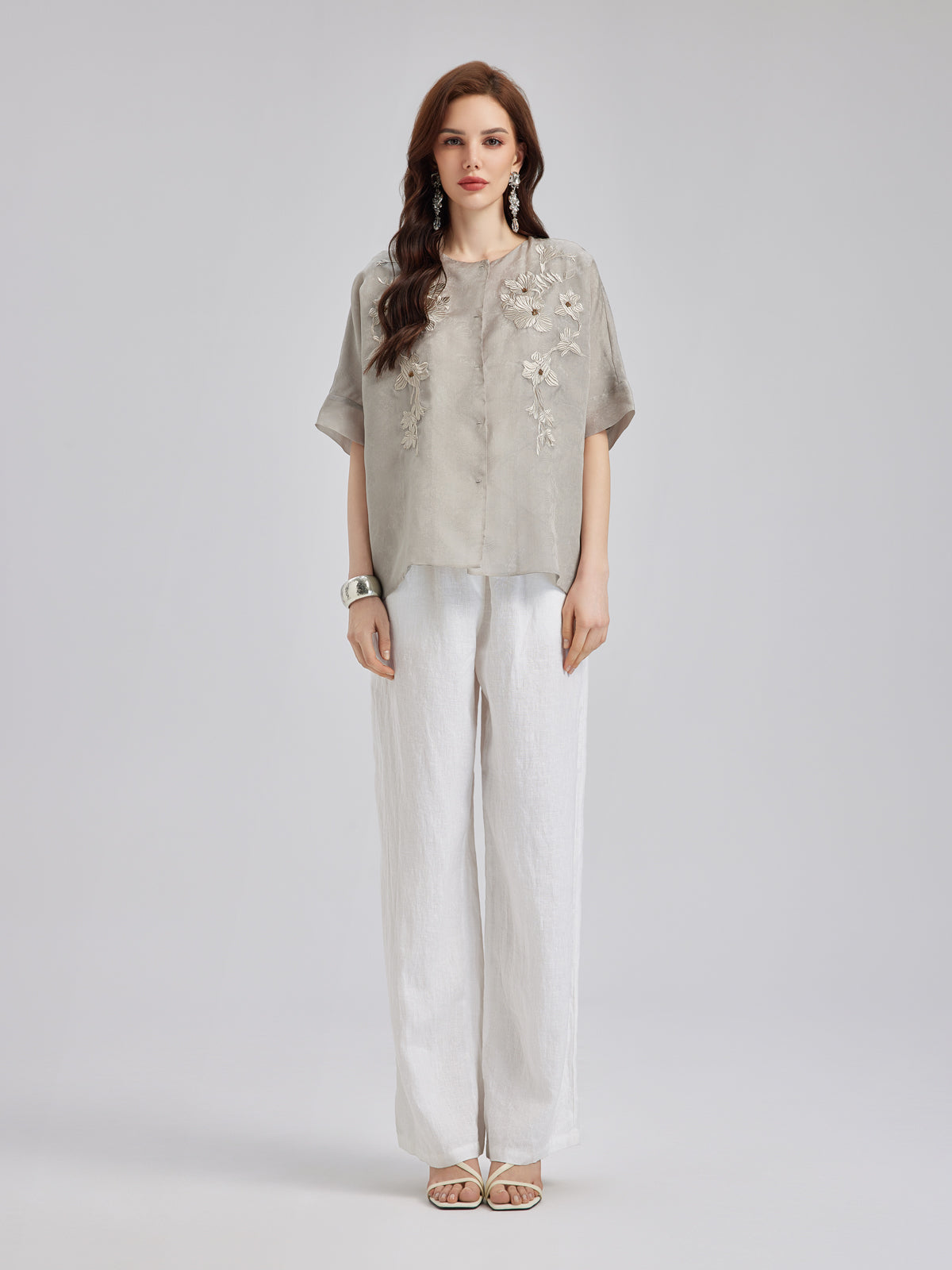 Versatile Silk Aesthetics Floral Embroidered Top-VibeCloset