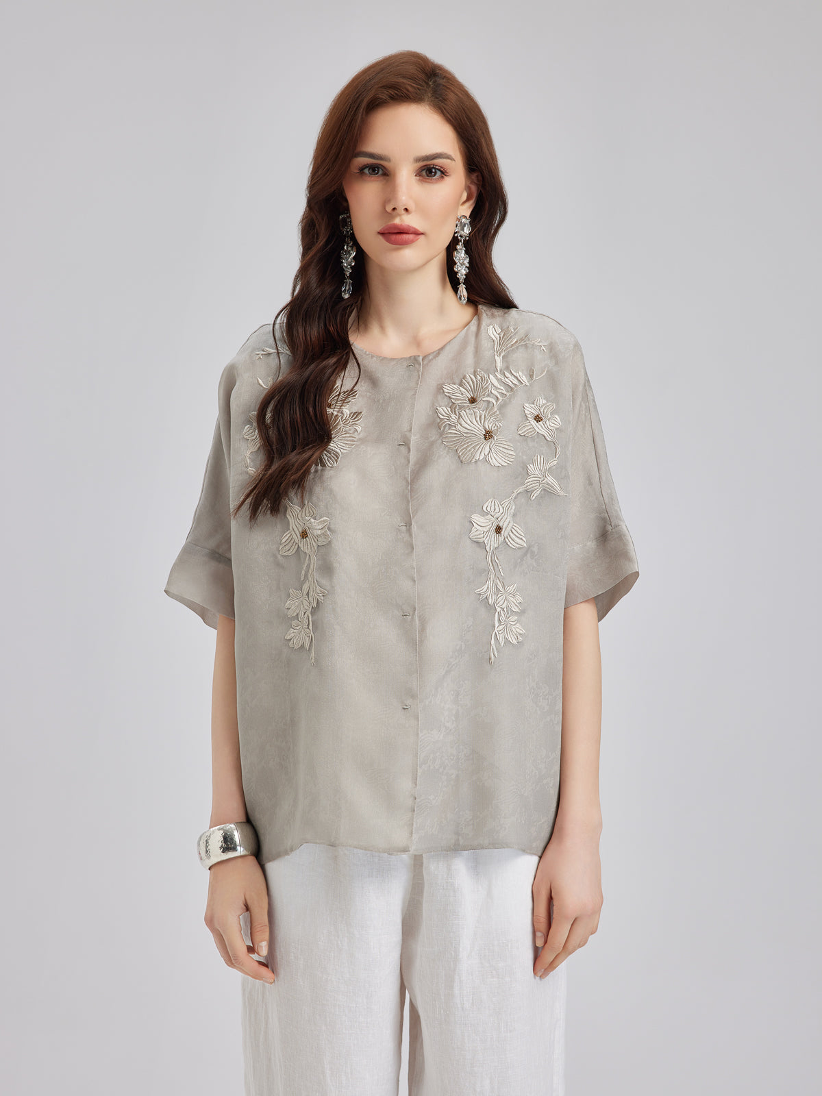 Versatile Silk Aesthetics Floral Embroidered Top-VibeCloset