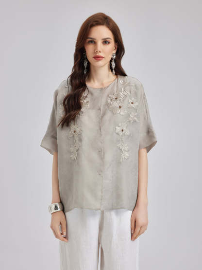 Versatile Silk Aesthetics Floral Embroidered Top-VibeCloset