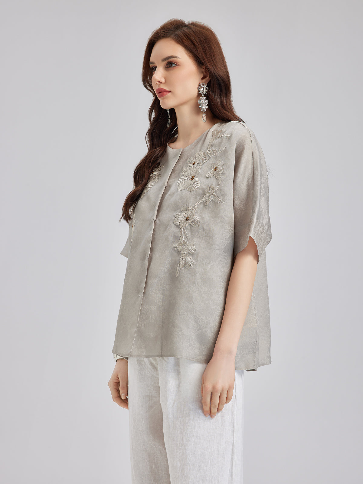 Versatile Silk Aesthetics Floral Embroidered Top-VibeCloset