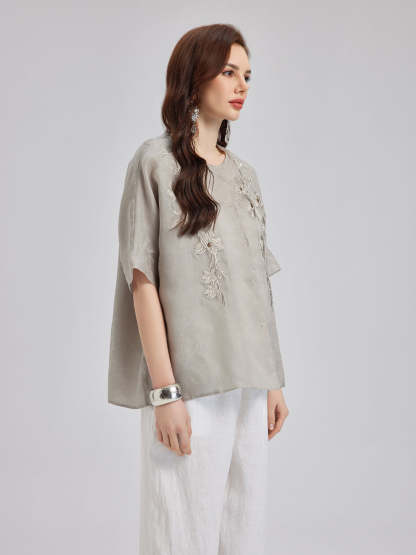 Versatile Silk Aesthetics Floral Embroidered Top-VibeCloset