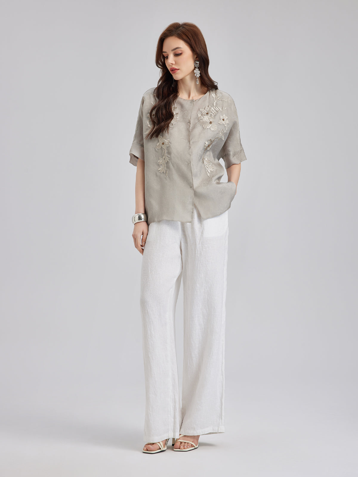 Versatile Silk Aesthetics Floral Embroidered Top-VibeCloset