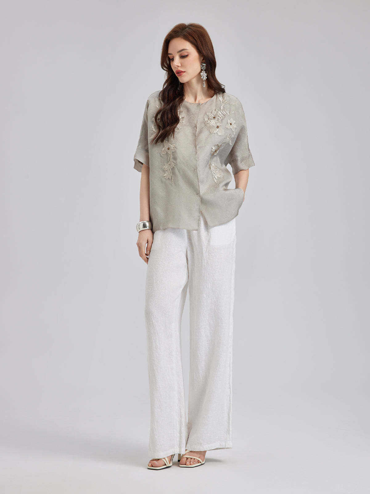 Versatile Silk Aesthetics Floral Embroidered Top-VibeCloset