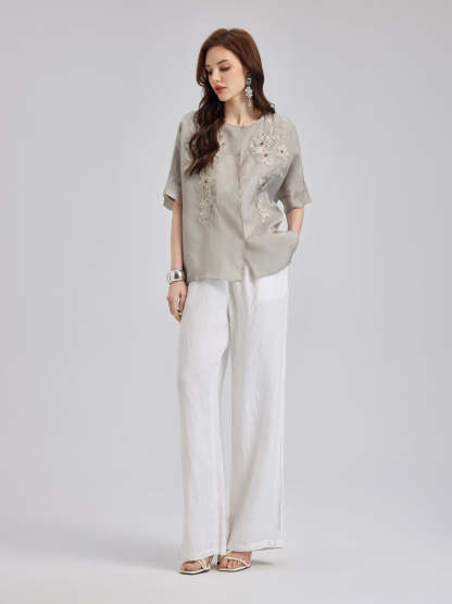 Versatile Silk Aesthetics Floral Embroidered Top-VibeCloset