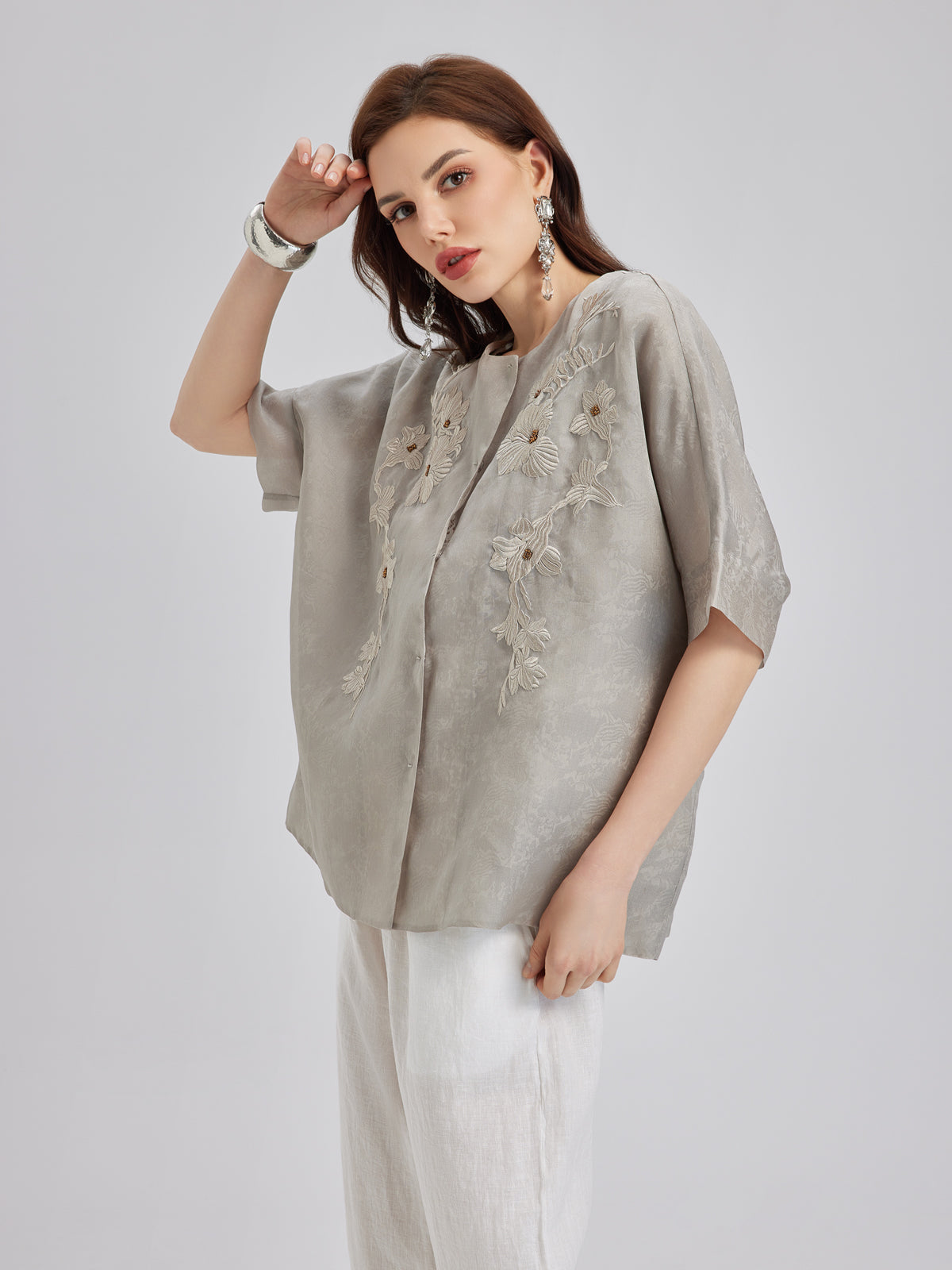 Versatile Silk Aesthetics Floral Embroidered Top-VibeCloset