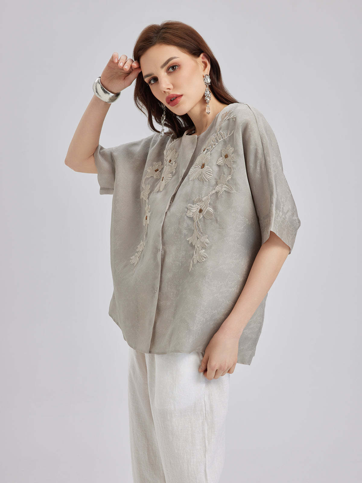 Versatile Silk Aesthetics Floral Embroidered Top-VibeCloset