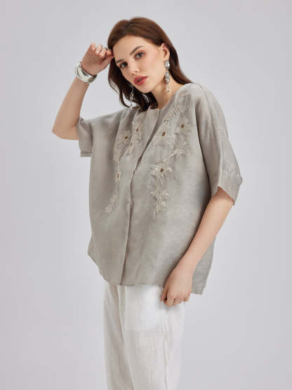 Versatile Silk Aesthetics Floral Embroidered Top-VibeCloset