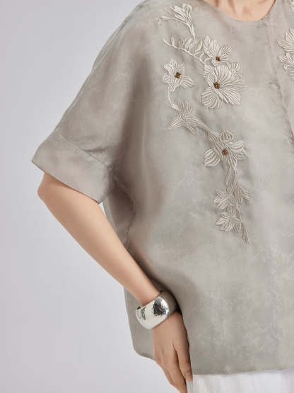 Versatile Silk Aesthetics Floral Embroidered Top-VibeCloset