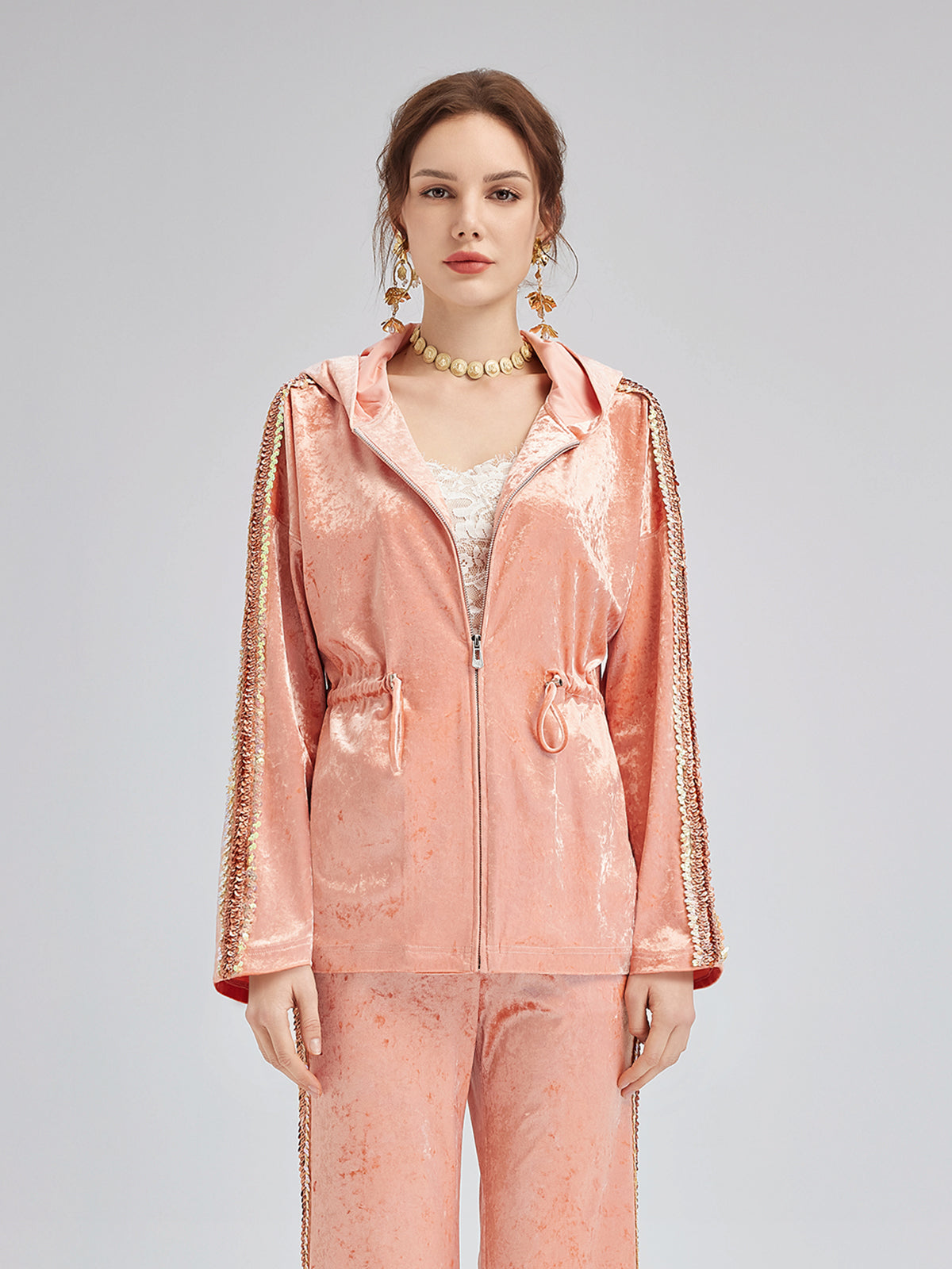 Velvet Trimmed Sequined Jacket-VibeCloset