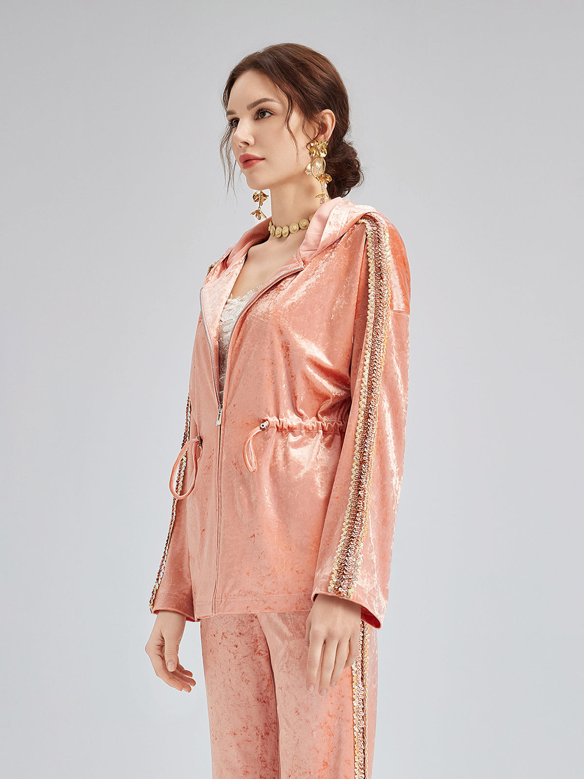 Velvet Trimmed Sequined Jacket-VibeCloset