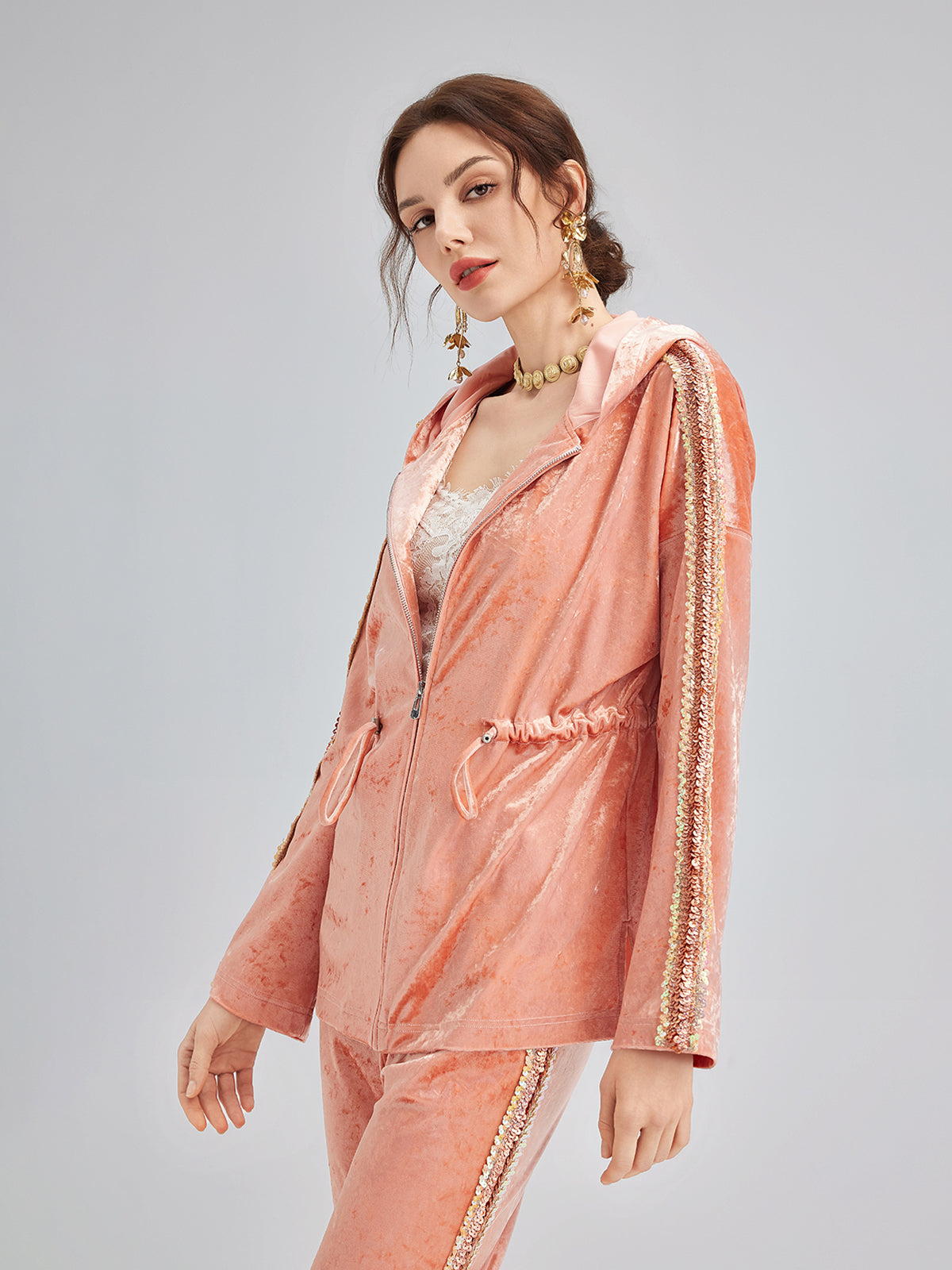 Velvet Trimmed Sequined Jacket-VibeCloset