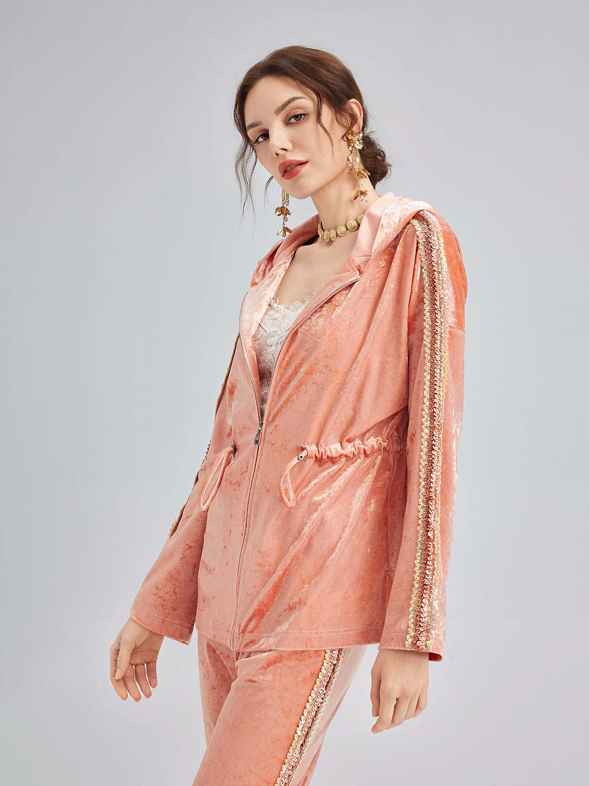 Velvet Trimmed Sequined Jacket-VibeCloset